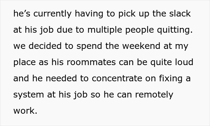 Text excerpt about a guy working remotely after multiple people quit, highlighting job pressure and concentration needs. Text excerpt about a guy working remotely after multiple people quit, highlighting job pressure and concentration needs.