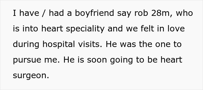 Text screenshot describing a woman&rsquo;s boyfriend who is a 28-year-old aspiring heart surgeon, with mention of love during hospital visits.
