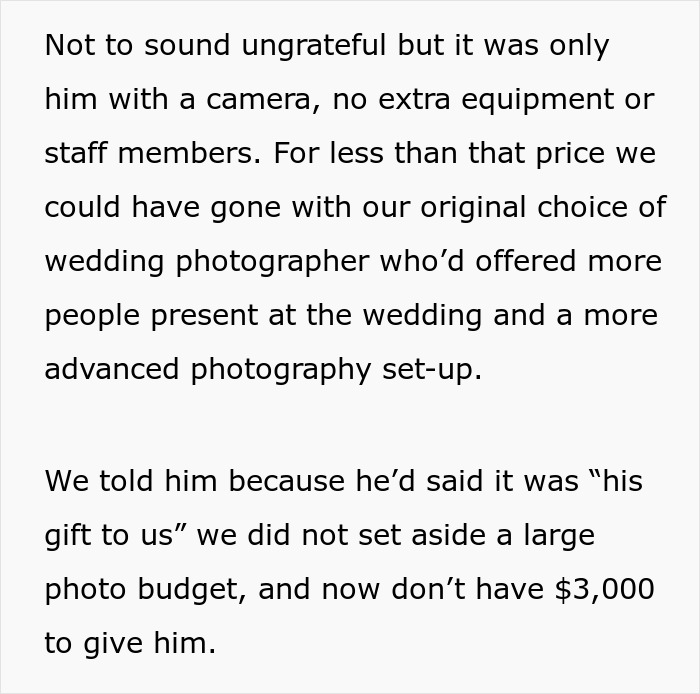 Text excerpt discussing a cousin offering wedding photography as a gift, then billing the couple $3,000.