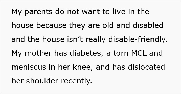 Text excerpt discussing parents' health issues and house accessibility related to SIL&rsquo;s irresponsible parenting and family drama.