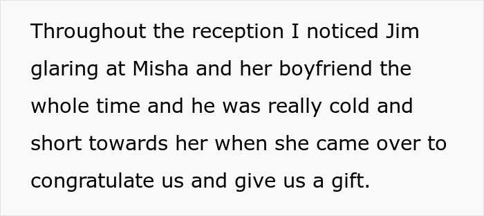 Jealous husband glaring at girl he led on during wedding reception, showing cold and distant behavior.