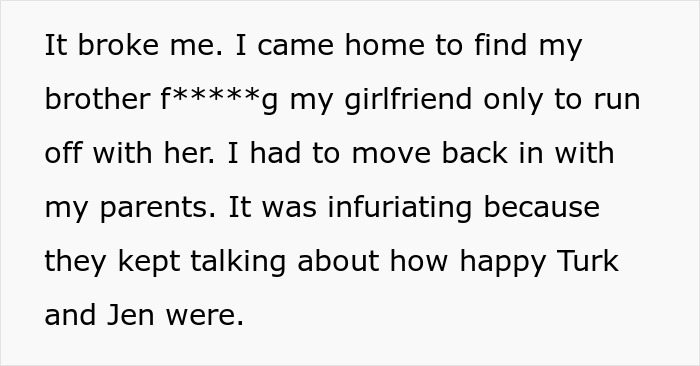 Text excerpt showing a person describing heartbreak and moving back with parents after brother&rsquo;s betrayal involving his girlfriend.