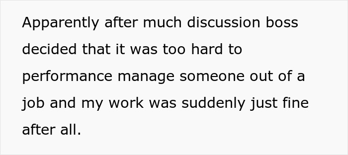 Text excerpt about manager deciding it's too hard to performance manage employee with baseless claims and work deemed fine after review.