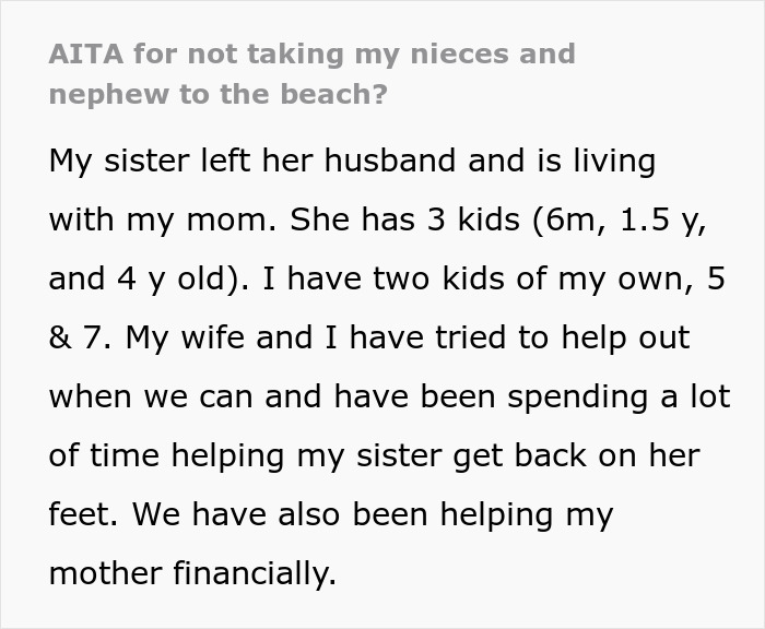 Alt text: Man refuses beach vacation with sister's kids after months of mooching and unfair demands. Alt text: Man refuses beach vacation with sister's kids after months of mooching and unfair demands.