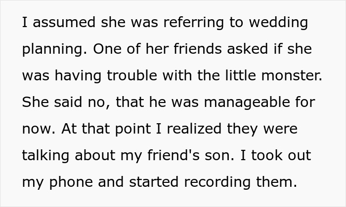 Text excerpt about a bachelorette bash turning dark as the bride mocks groom&rsquo;s son and a guest records secretly.