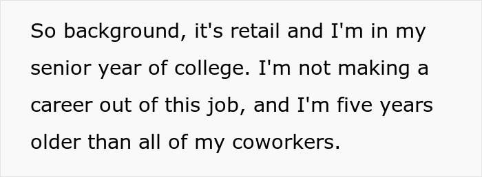Text excerpt about retail job, senior college student, and coworkers, illustrating worker's response to the 1 minute late rule.