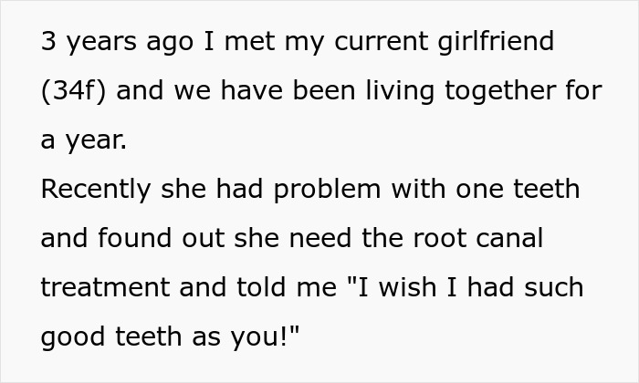 Text excerpt about man telling girlfriend his teeth aren&rsquo;t real after 3 years, causing trust issues in relationship.