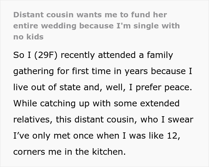 Text excerpt discussing a distant cousin wanting financial support for wedding from single relative with no kids.