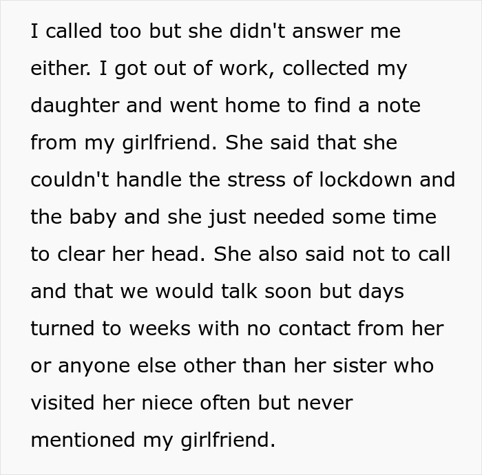 Note describing a man raising a newborn alone, detailing stress of lockdown and absence of the ex for several weeks.