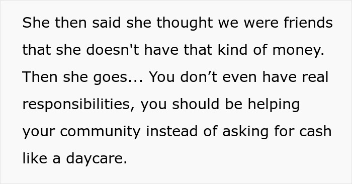 Text excerpt from a neighbor demanding woman babysit her kids weekly as she claims the woman has no real responsibilities.