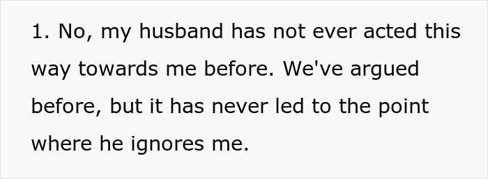 Text excerpt showing a woman explaining her husband has never ignored her despite past arguments, related to pregnancy test surprise. Text excerpt showing a woman explaining her husband has never ignored her despite past arguments, related to pregnancy test surprise.