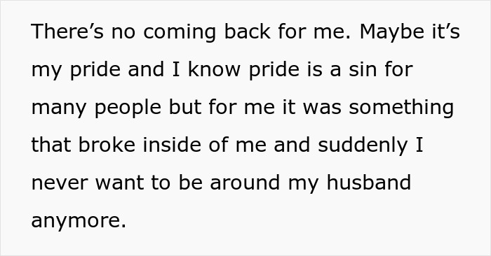 Text excerpt showing a man admitting he found his wife repulsive on first date and struggles with pride and feelings.