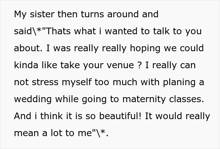 Text excerpt of pregnant sister asking to take couple&rsquo;s wedding venue booking to avoid planning stress while attending maternity classes.