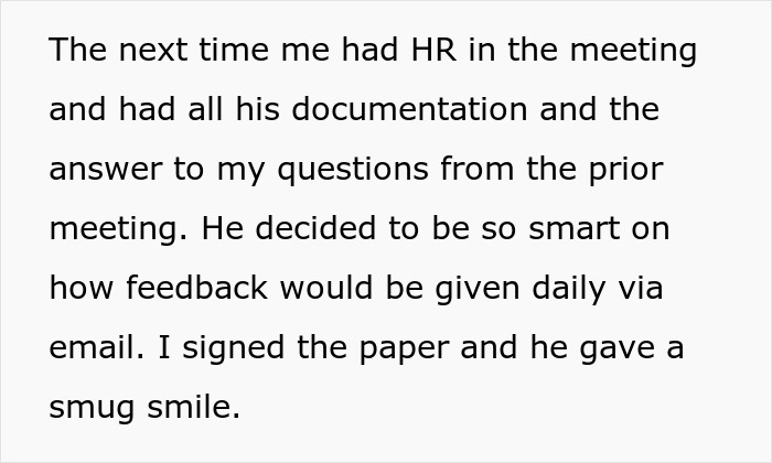 Text showing an employee describing a meeting with HR and manager, addressing baseless claims and documentation.