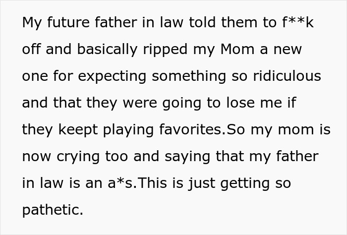 Text of a person sharing frustrations about their future father-in-law causing family tension over wedding venue demands.