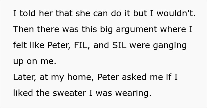 Text excerpt showing a woman describing a conflict involving her fianc&eacute;&rsquo;s family and refusing to wear a used wedding dress.