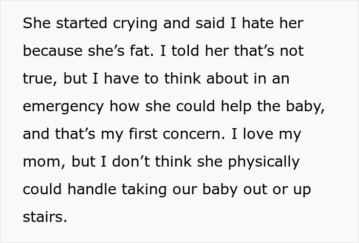 Text from a woman explaining she doubts her obese mom can physically handle babysitting their newborn in an emergency.