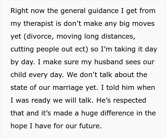 Text showing a mother discussing therapy advice and ensuring her husband sees their child daily amid marital challenges. Text showing a mother discussing therapy advice and ensuring her husband sees their child daily amid marital challenges.