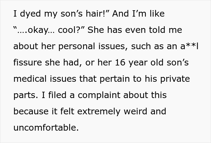 Text excerpt about a lady sharing personal issues at the office causing drama while a coworker seeks a peaceful 9-to-5.