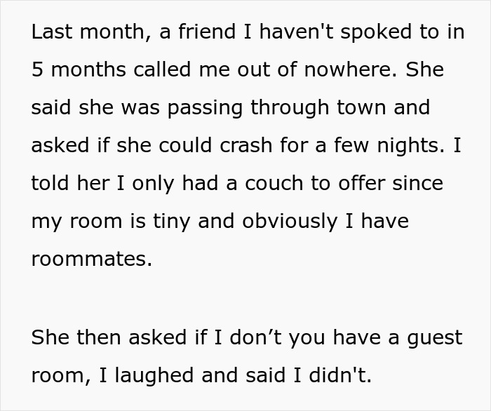 Text excerpt about asking roommates to leave a small apartment with no guest room, discussing limited space and visitors.