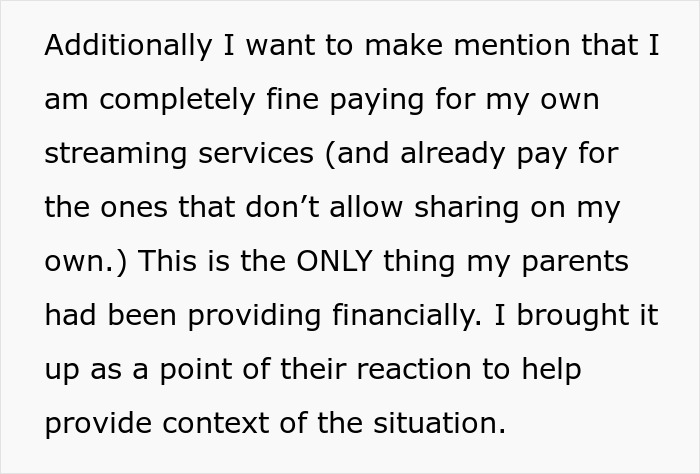 Text discussing paying for personal streaming services and the context of parents using phone tracking to see location.