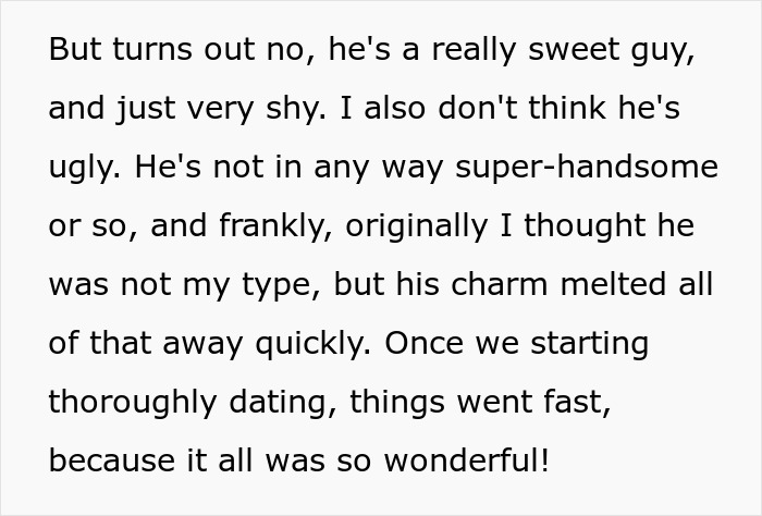Text excerpt discussing a woman's shy husband whose charm won her over during their fast and wonderful dating period.
