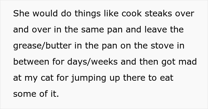 Text about a roommate stealing food and leaving grease in the pan, causing conflict over shared meals.