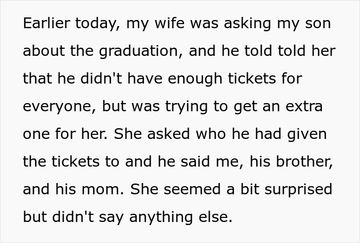 Text showing a stepmom upset after teenager invites his mom instead of her to graduation due to limited tickets.