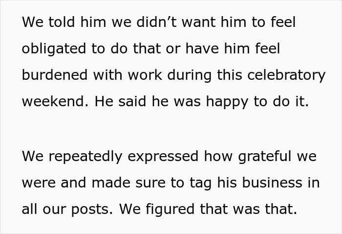 Text excerpt about a cousin offering to photograph a wedding as a gift but later sending a $3,000 bill.