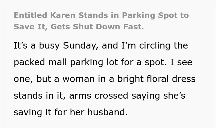 Woman stands in parking spot with arms crossed, trying to save it for her husband before getting kicked out.