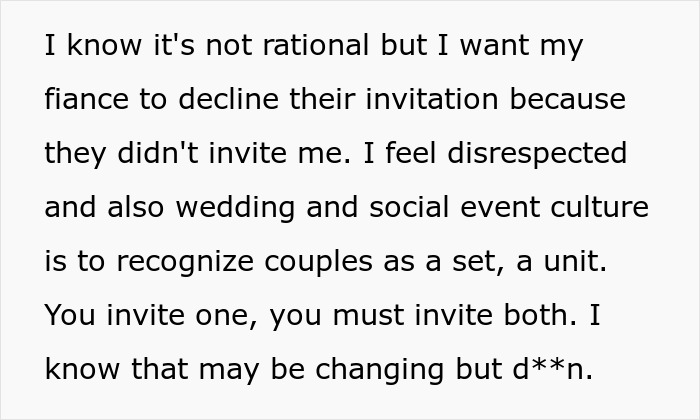 Text about a woman wanting her fianc&eacute; not to attend a friend&rsquo;s wedding without her, feeling disrespected.