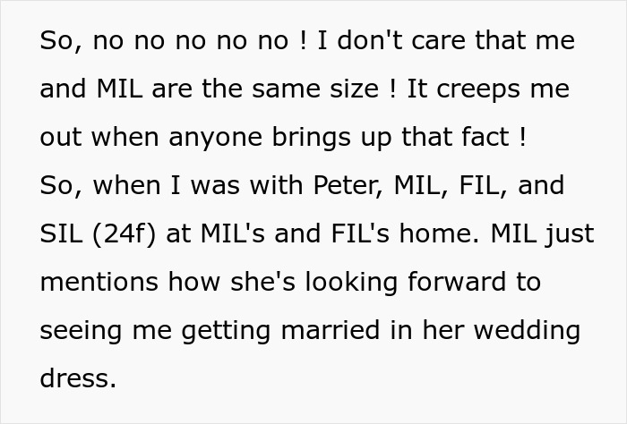 Text from a woman refusing to wear fianc&eacute;&rsquo;s mom&rsquo;s used wedding dress, rejecting being a prop in a weird mom fantasy.