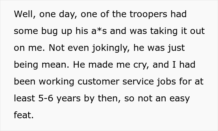Barista uses decaf revenge creatively to teach a rude trooper a valuable lesson in respect and kindness.