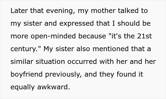 Woman feels betrayed after her mother goes topless in front of her boyfriend, causing awkward family tension. Woman feels betrayed after her mother goes topless in front of her boyfriend, causing awkward family tension.