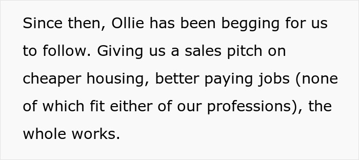 Text excerpt discussing Ollie begging to follow, mentioning sales pitch on cheaper housing and better paying jobs. Teen son get girlfriend pregnant on purpose topic.
