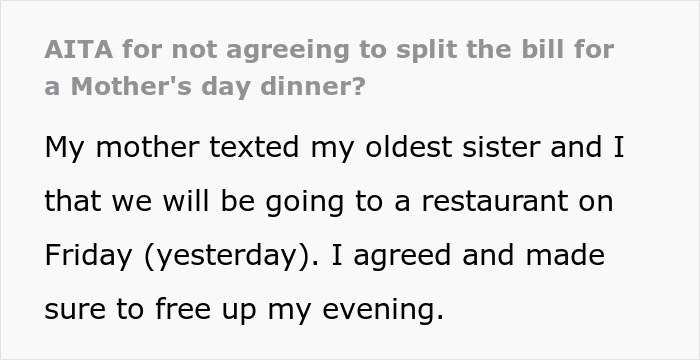 Person finds out after dinner they&rsquo;re treating the table and refuses to pay, causing a family billing dispute.