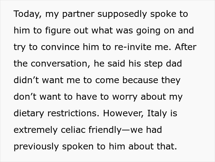 Woman excluded from boyfriend’s family vacation due to gluten intolerance and dietary restrictions concerns. Woman excluded from boyfriend’s family vacation due to gluten intolerance and dietary restrictions concerns.