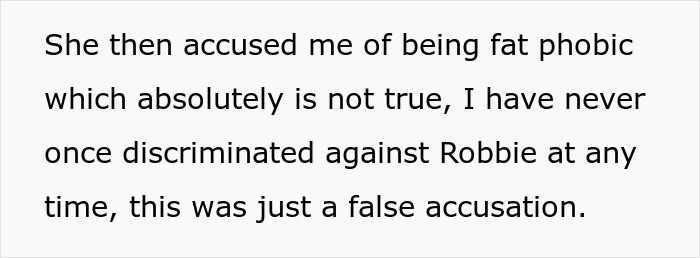Text discussing false fatphobic accusation related to excluding nephew from son's birthday after last event was ruined.