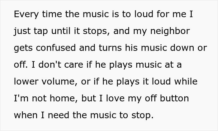 Woman cleverly uses off button to confuse loud downstairs neighbor, restoring peace in the apartment block. Woman cleverly uses off button to confuse loud downstairs neighbor, restoring peace in the apartment block.