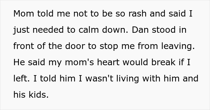 Text passage about a teen refusing to live with mom&rsquo;s new boyfriend and his kids after conflicts arise.