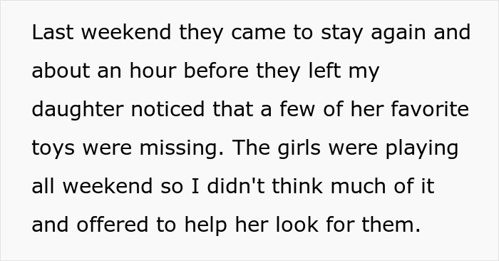 Text excerpt discussing someone demanding to check their brother’s girlfriend’s bags before leaving the house due to missing toys. Text excerpt discussing someone demanding to check their brother’s girlfriend’s bags before leaving the house due to missing toys.