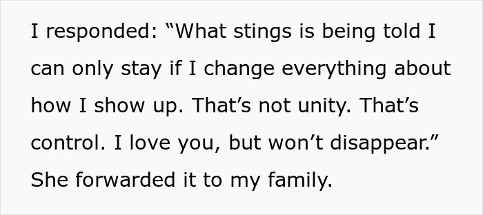 Alt text: Text excerpt about a woman refusing to change how she shows up, relating to woman refusing wig at brother's wedding conflict. Alt text: Text excerpt about a woman refusing to change how she shows up, relating to woman refusing wig at brother's wedding conflict.