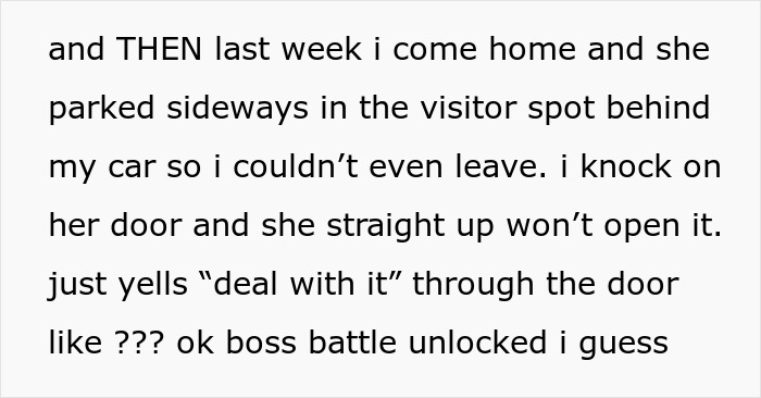 Text message describing neighbor parking sideways in visitor spot, refusing to move car and responding rudely when asked. Text message describing neighbor parking sideways in visitor spot, refusing to move car and responding rudely when asked.