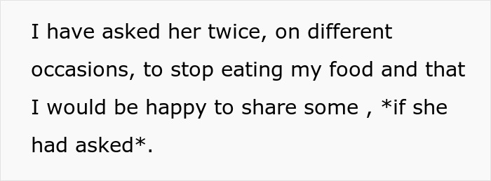 Text expressing frustration about middle-aged woman with a shopping habit repeatedly stealing roommate&rsquo;s food despite requests to stop.