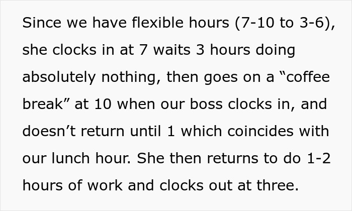 Text excerpt describing a lazy employee’s flexible hours and minimal work before new boss expects actual productivity. Text excerpt describing a lazy employee’s flexible hours and minimal work before new boss expects actual productivity.