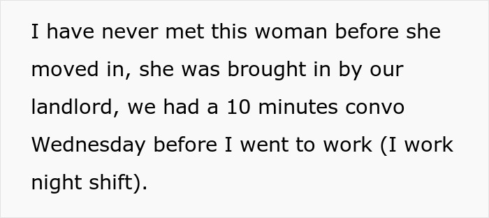 Text excerpt describing a woman new to the home, briefly known, leaving a child with a stranger roommate due to a work emergency.