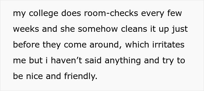 Text excerpt about college roommate tensions, highlighting frustration and attempts to stay friendly despite issues.