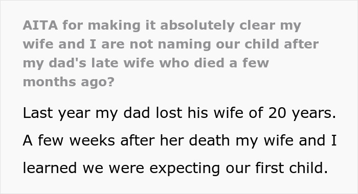 Text about a dad seeing grandbaby as a sign from his late wife and opposing naming the child after her.