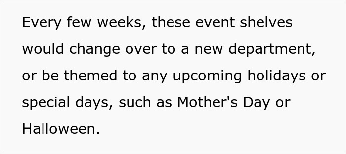 Event shelves changing departments or themes every few weeks for holidays like Mother's Day or <a target=