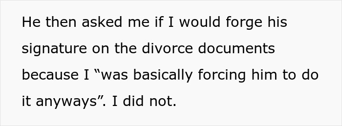 Text excerpt about husband asking for forged signature on divorce documents, highlighting public shaming in a cross-country move.